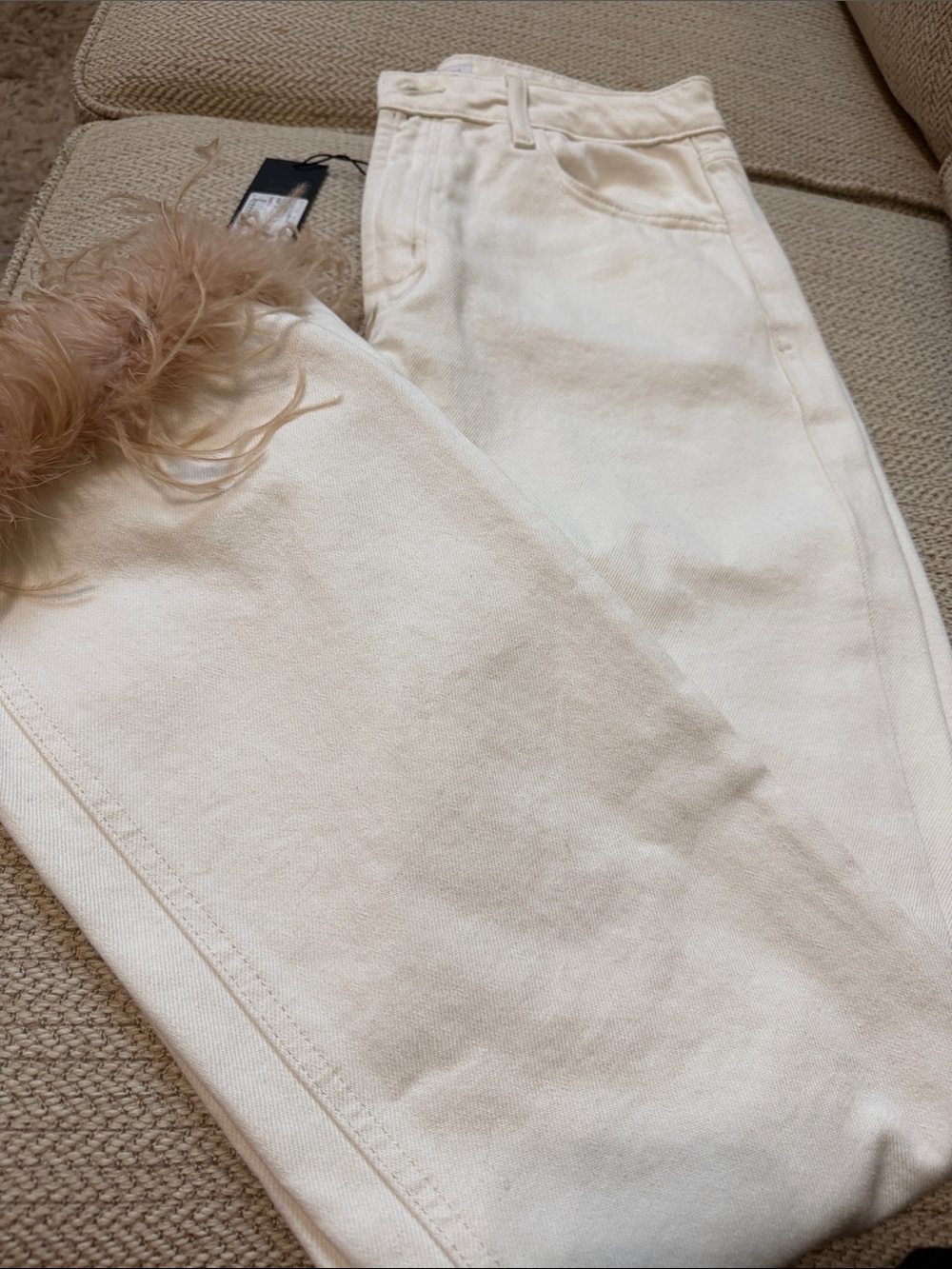 Gianni Bini Cream High-Rise Jeans with Feather Trim